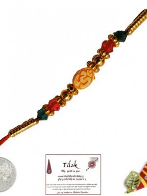 COLORFUL OM BEADS RAKHI WITH FREE SILVER COIN
