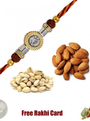 Rakhi with 225 Grams Almonds and Pistachios and Free Silver Coin